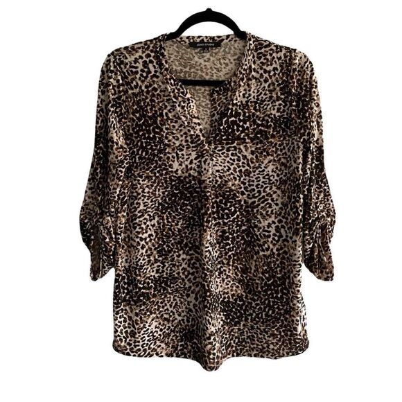 𝅺JONES STUDIO Leopard Cheetah Print Popover Blouse Brown Black M - Picture 1 of 6